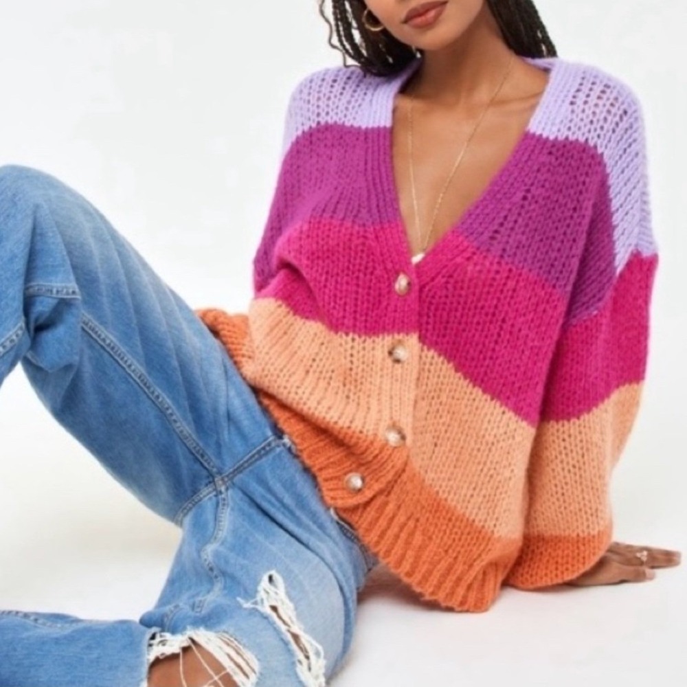 L*Space Lido Cardigan Dreaming of Miami Colorblock Striped Knit Sweater XS/S